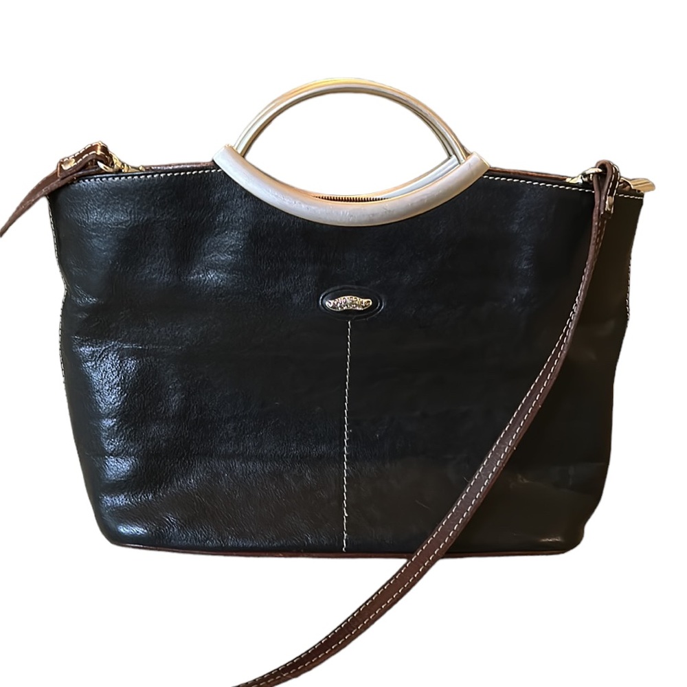 Cuoieria Fiorentina Italy Black Leather Silver Handles Crossbody Clutch